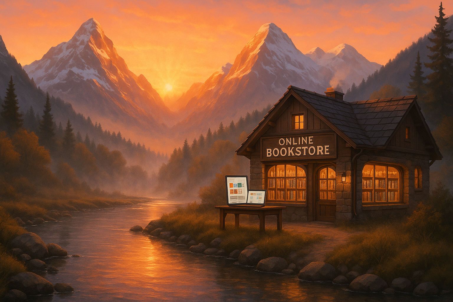 a online bookstore that in the mountains with sun rising with a flowing river